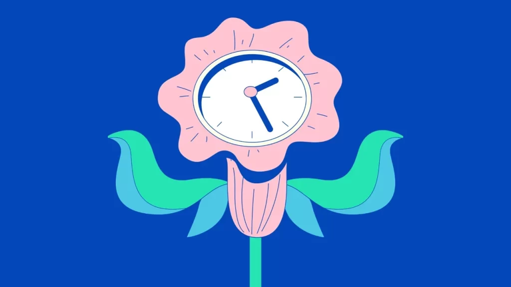 An illustration of a blooming flower that has a large, simple clock as its face.