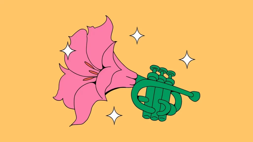 An illustration of a large pink flower blossoming out of the bell of a green trumpet, symbolizing one's calling.