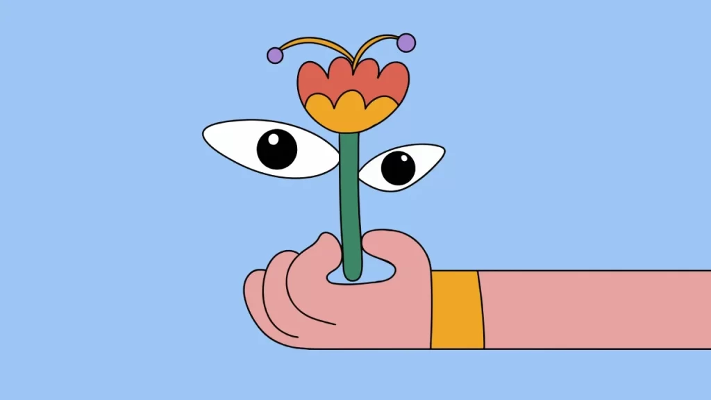 An illustration of a hand holding up a flower that has two large, seeing eyes instead of a center.